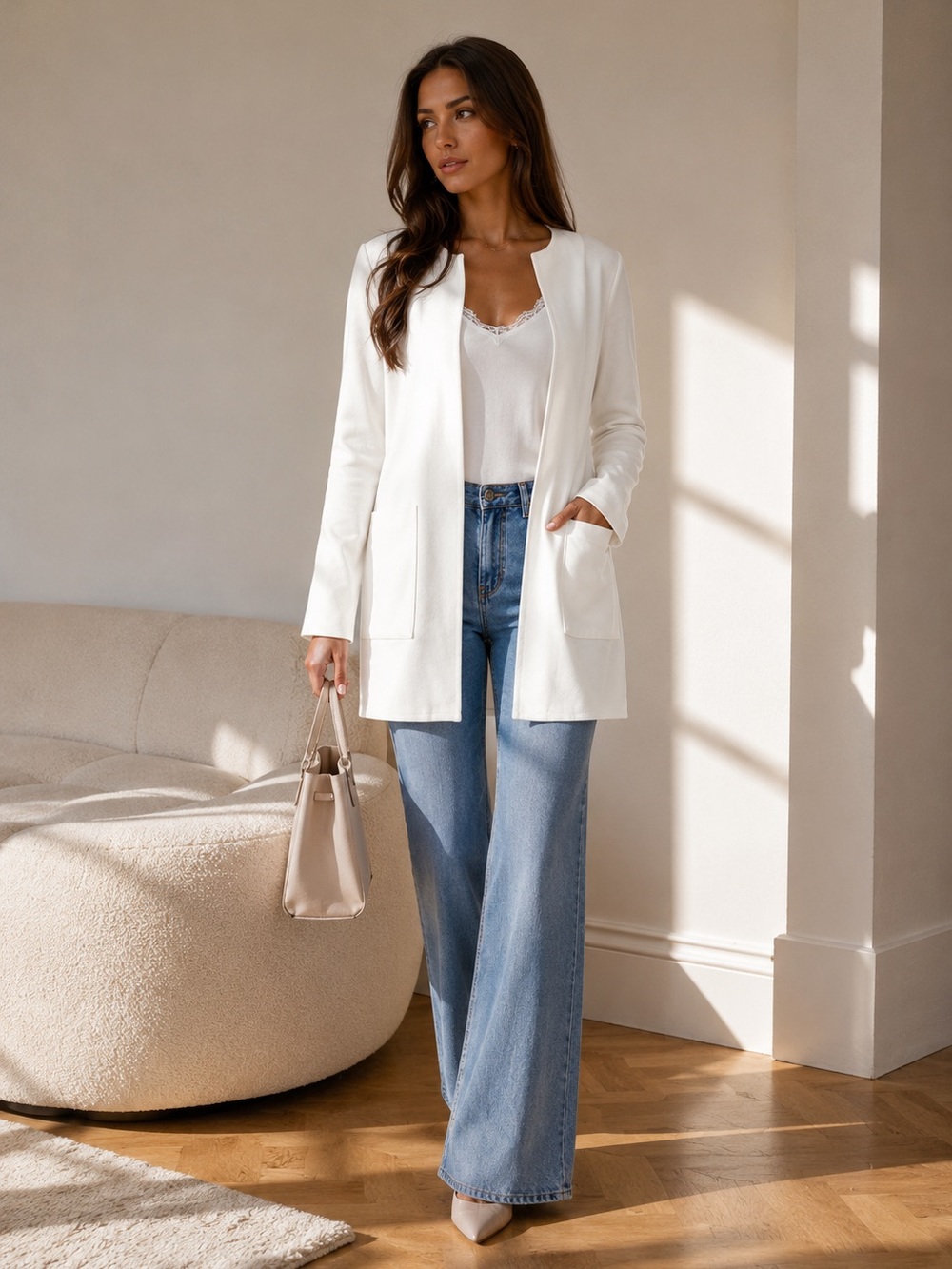 White Open Front Longline Blazer Jacket Minimalist Business Casual